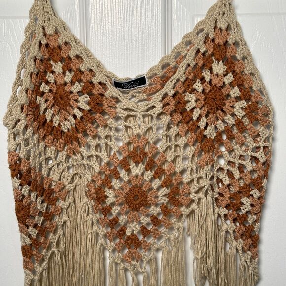 Boho Crochet Fringe Top Festival Tank Beige Rust Handmade Summer Hippie M - Picture 2 of 3